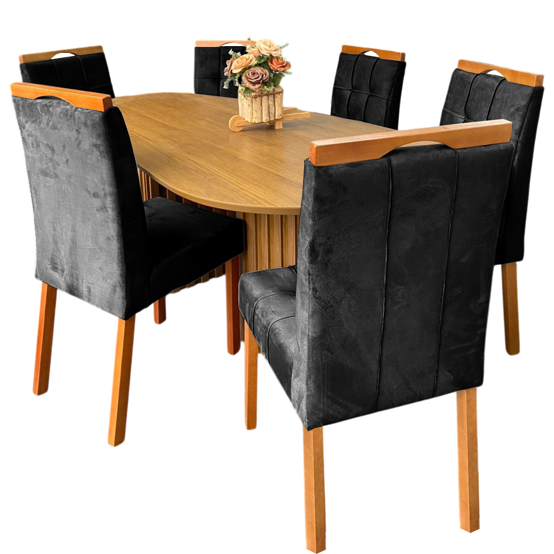 Mesa Isis 180 Freijó com 6 Cadeiras Sophia Veludo Preto - LEIFER + WM DECOR - Imagem 3