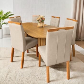 Mesa Isis 180 Freijó com 6 Cadeiras Sophia Linho Bege 200 - LEIFER + WM DECOR