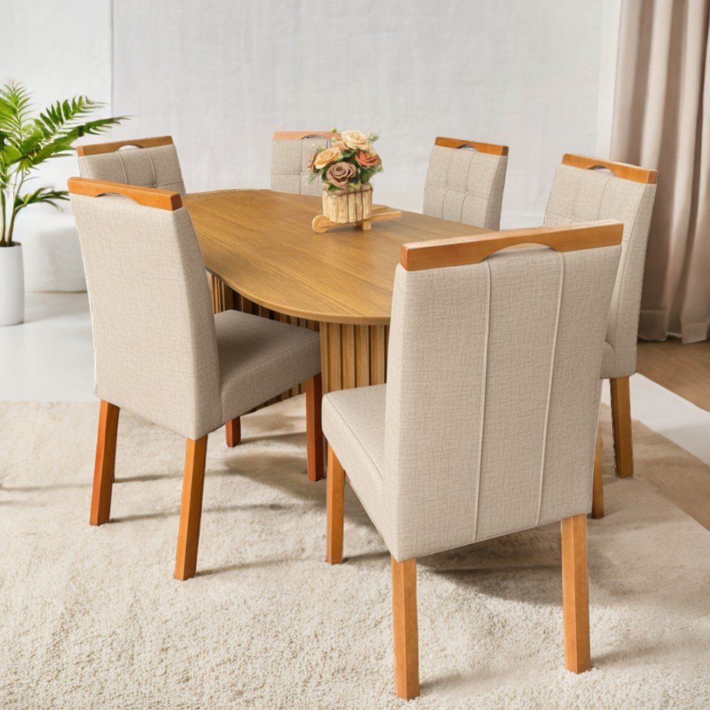 Mesa Isis 180 Freijó com 6 Cadeiras Sophia Linho Bege 200 - LEIFER + WM DECOR