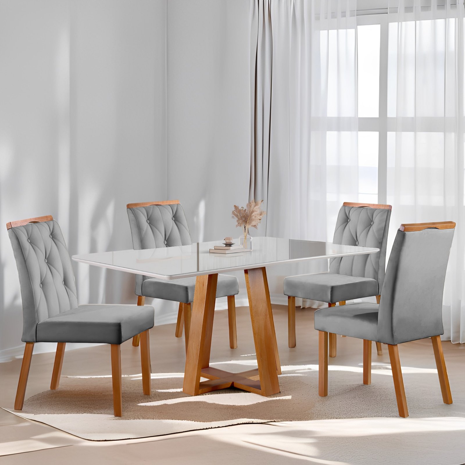 Mesa Ayres 120 Mel/Off White com 4 Cadeiras Yasmim Veludo Cinza Grafite – VIEIRA DECOR