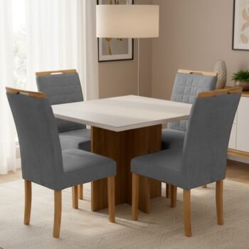 Mesa Salinas/Helô/Los Angeles 90 Cinamomo/Off White com Cadeiras Pandora 01 Veludo Cinza Grafite 414 – CEL MÓVEIS + CA