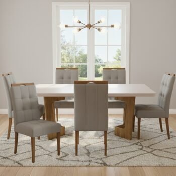 Mesa Liz 160 (Tampo 40 mm) Cinamomo/Off White com 6 Cadeiras Sophia Veludo Bege – VALDEMÓVEIS + WM DECOR