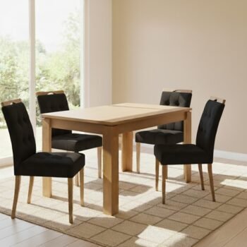 Mesa Athenas 120 Amêndoa Clean com 4 Cadeiras Sophia Veludo Preto – LOPAS + WM DECOR