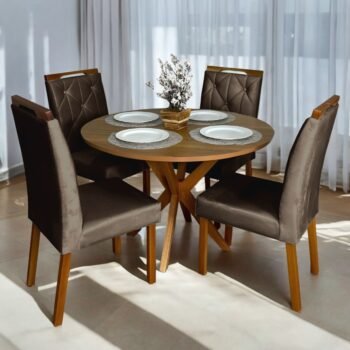 Mesa Redonda Simpatia 108 Cinamono com 4 Cadeiras Yasmim Veludo Marrom – JCM MOVELARIA + KM DECOR