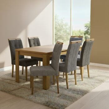 Mesa Athenas 180 Amêndoa Clean com 6 Cadeiras Sophia Veludo Cinza Grafite – LOPAS + WM DECOR