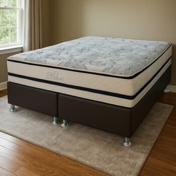 Colchão Queen Blue D33 + Base Box Simples Corino Marrom – PAROPAS + ALTO NÍVEL CAMAS E COLCHÕES