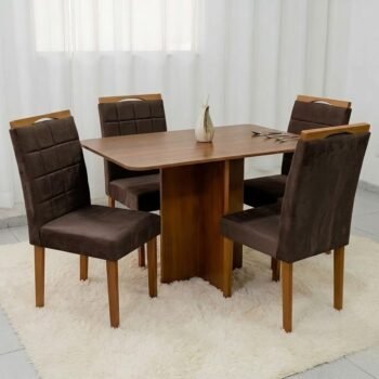 Mesa Salinas 120 (Tampo Londres s/vidro) Cinamomo com 4 Cadeiras Las Vegas Veludo Marrom 17 – CEL MÓVEIS + OURO DECOR