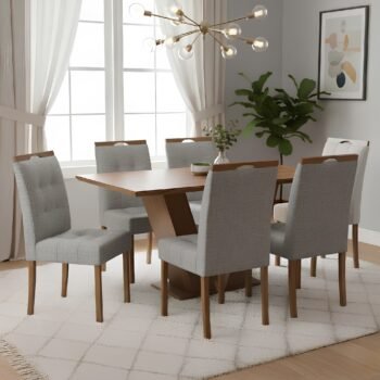 Mesa Classic 160 Cinamomo Laminado com 6 Cadeiras Sophia Linho Cinza Grafite 206 – CEL MÓVEIS + WM DECOR