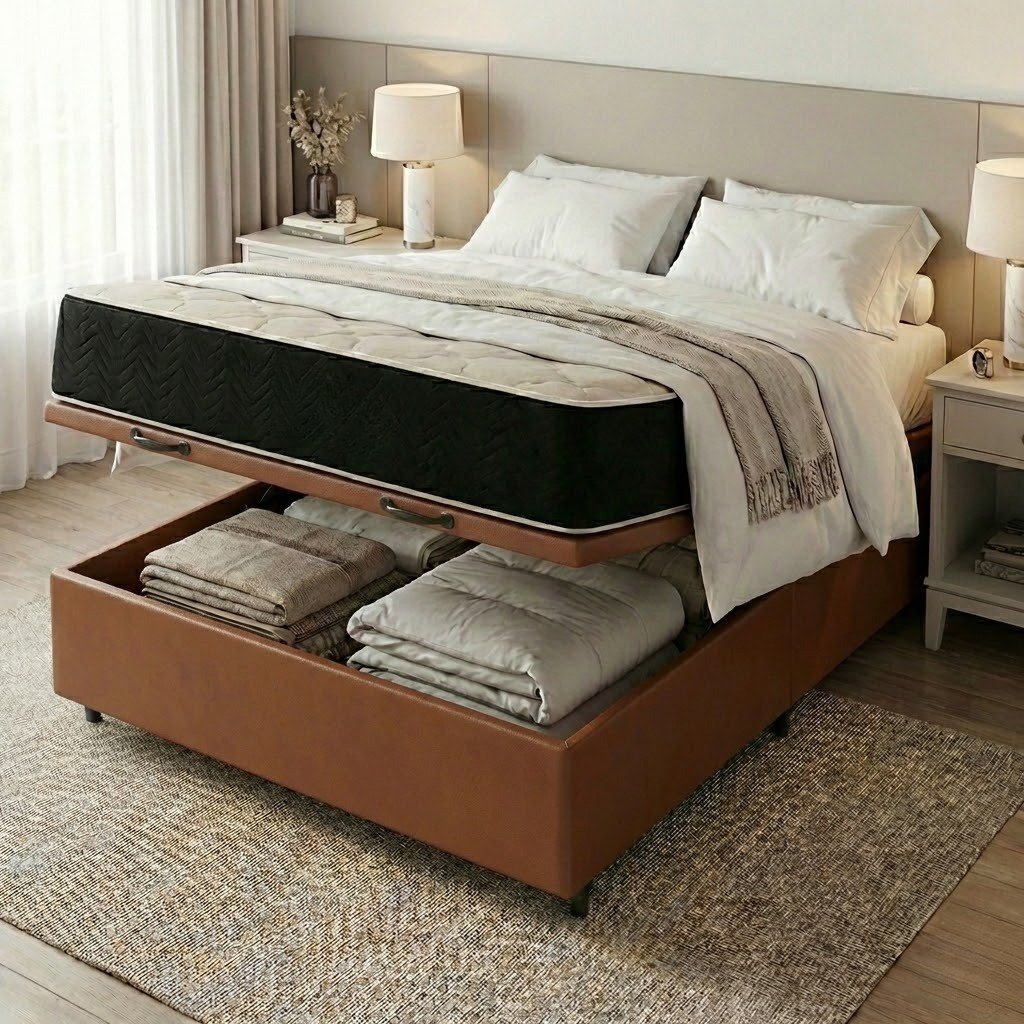 Colchão Casal Premium VX 32 cm D45 + Base Baú Corino Marrom – ECOTEC + ALTO NÍVEL