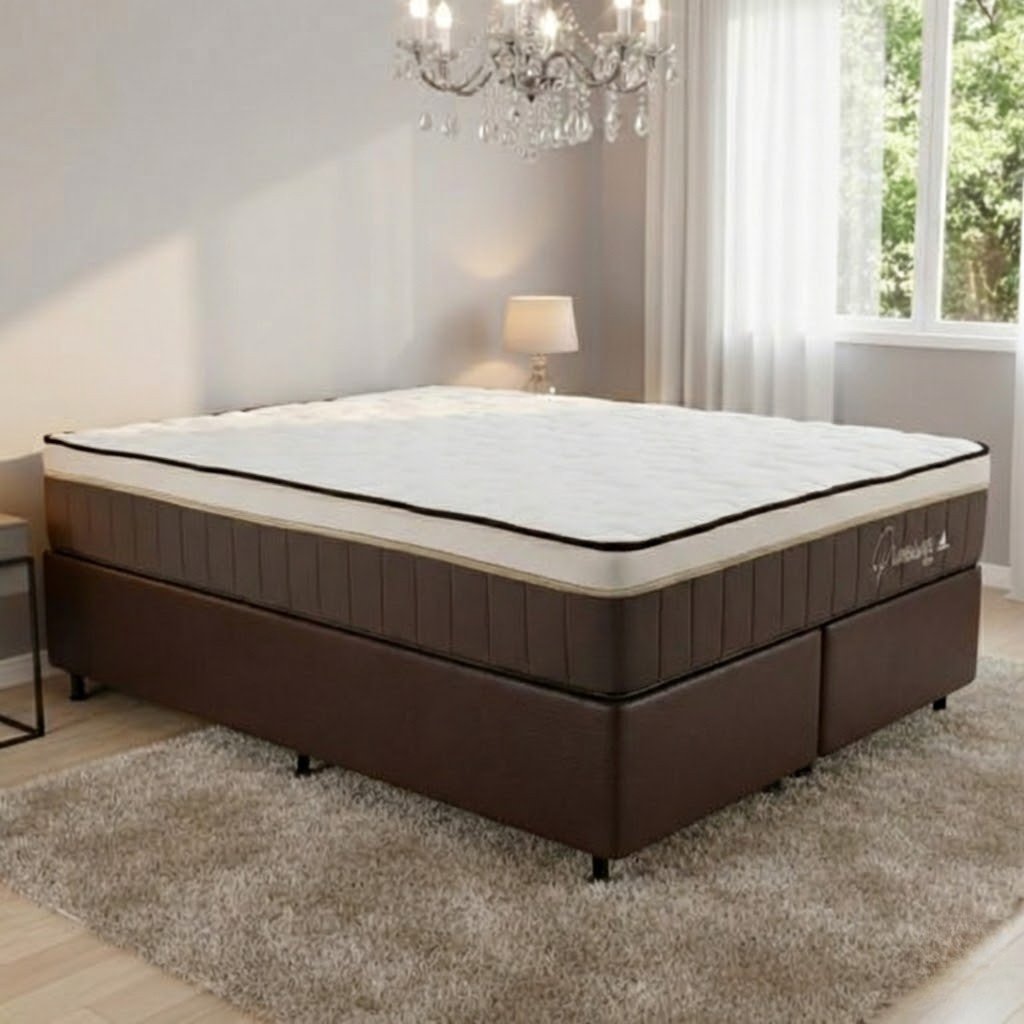 Colchão Queen Rondopremium Plus 32 cm D33 Molas Ensacadas + Base Simples Corino Marrom – RONDOMÓVEIS + ALTO NÍVEL