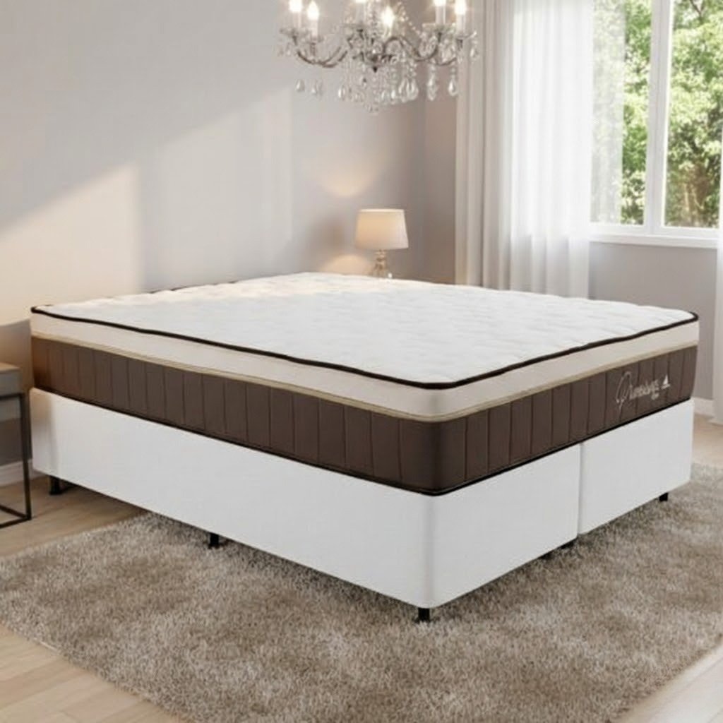 Colchão Queen Rondopremium Plus 32 cm D33 Molas Ensacadas + Base Simples Corino Branco – RONDOMÓVEIS + ALTO NÍVEL