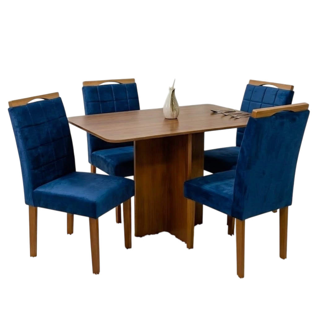 Mesa Salinas 120 (Tampo Londres s/vidro) Cinamomo com 4 Cadeiras Las Vegas Veludo Azul 24 – CEL MÓVEIS + OURO DECOR - Imagem 2