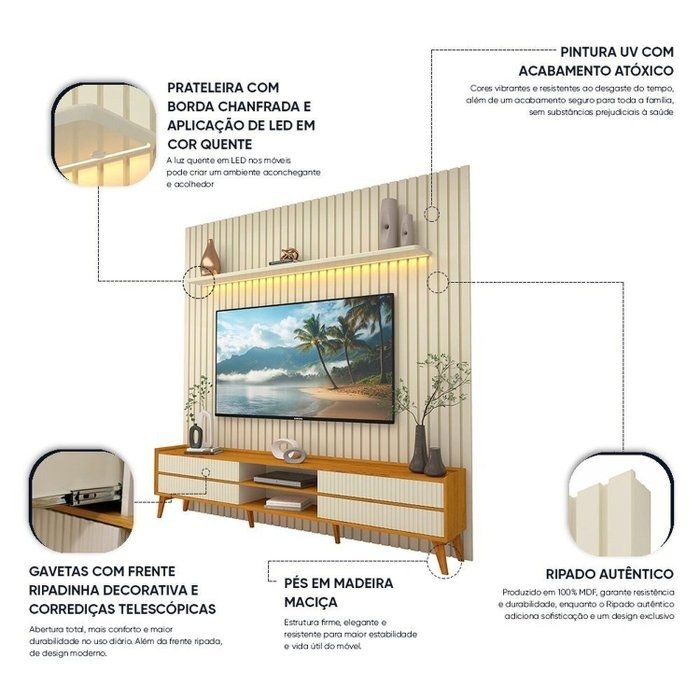 Painel até 85″ Nobre 230 Off White + Rack Magnífico Naturale/Off White – GELIUS - Imagem 4