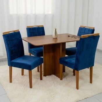 Mesa Salinas 120 (Tampo Londres s/vidro) Cinamomo com 4 Cadeiras Las Vegas Veludo Azul 24 – CEL MÓVEIS + OURO DECOR