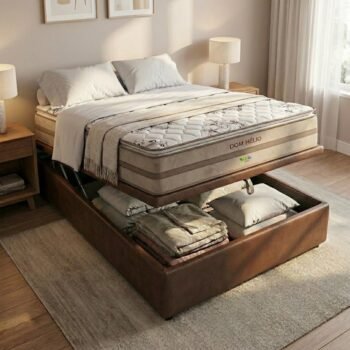 Colchão Casal Dom Hélio VX 32 cm D28 Molas Ensacadas + Base Baú Corino Marrom – ECOTEC + ALTO NÍVEL