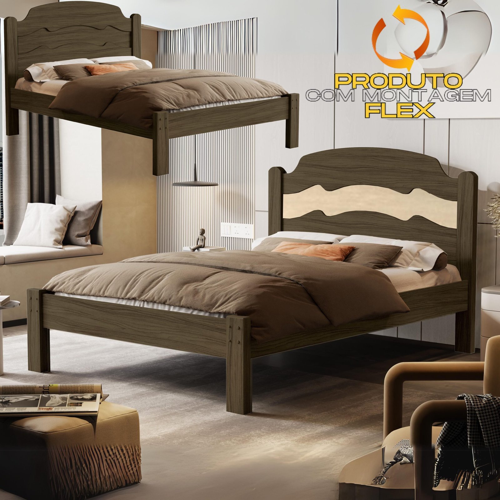 Cama Casal/Viúva Íris Castanho Wood/Avelã/Castanho Wood - MADEC MÓVEIS