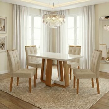 Mesa Sintonia (Tampo Maxi) 120 Amêndoa Clean/Off White com 4 Cadeiras Sophia Linho Bege 200 – LOPAS + WM DECOR