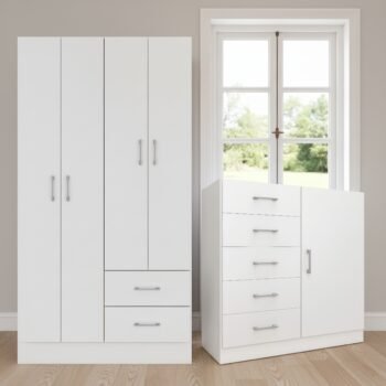Guarda-Roupa 4 Portas Panamá 4002 + Cômoda 5 Gavetas Sapateira Miami Branco - FELLICCI