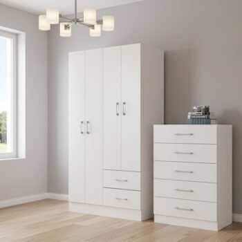 Guarda-Roupa 4 Portas Panamá 4002 + Cômoda 5 Gavetas Aruba Branco – FELLICCI
