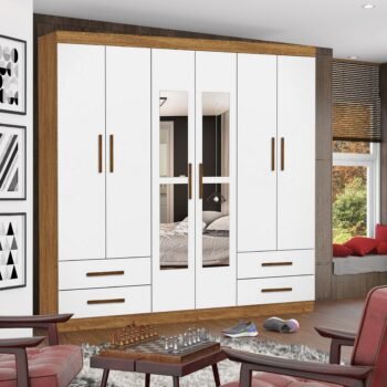 Guarda-Roupa 6 Portas Hércules(Com espelho) 1,77 m Cinamomo/Branco – CARIOCA MÓVEIS