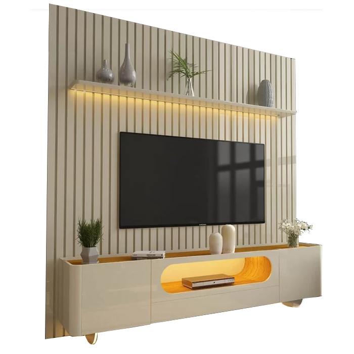Painel até 85″ Nobre 230 Off White + Rack Nobre 210 (Pés de Vidro) Off White/Naturale – GELIUS - Imagem 5