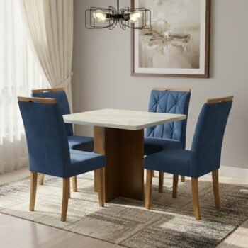 Mesa Salinas/Helô/Los Angeles 120 Cinamomo/Off White com 4 Cadeiras Yasmim Veludo Azul – CEL MÓVEIS + KM DECOR
