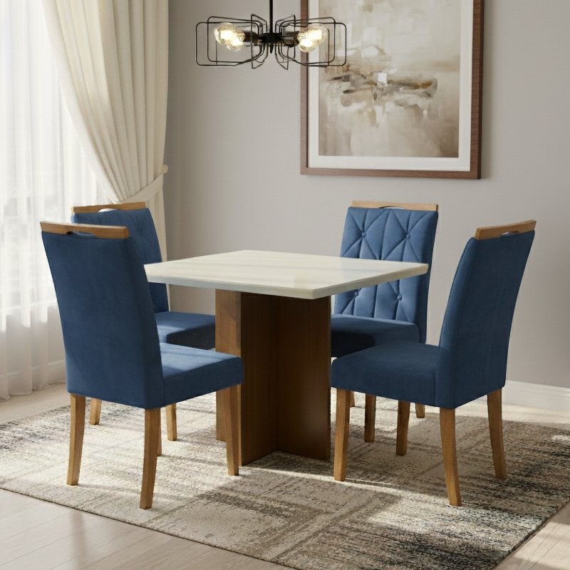 Mesa Salinas/Helô/Los Angeles 120 Cinamomo/Off White com 4 Cadeiras Yasmim Veludo Azul – CEL MÓVEIS + KM DECOR