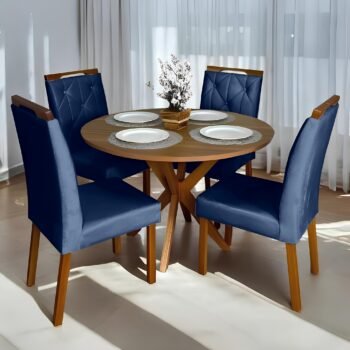 Mesa Redonda Simpatia 108 Cinamomo com 4 Cadeiras Yasmim Veludo Azul – JCM MOVELARIA + KM DECOR