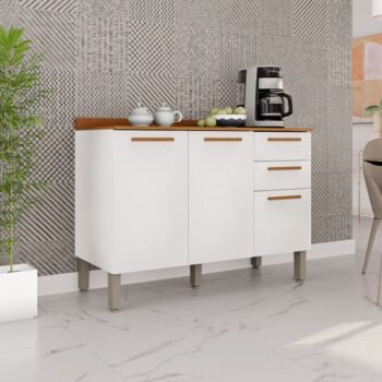 Balcão para Cozinha New Valência Branco/Cinamomo 3 Portas 2 Gavetas Larg. 1.20m - Sallêto