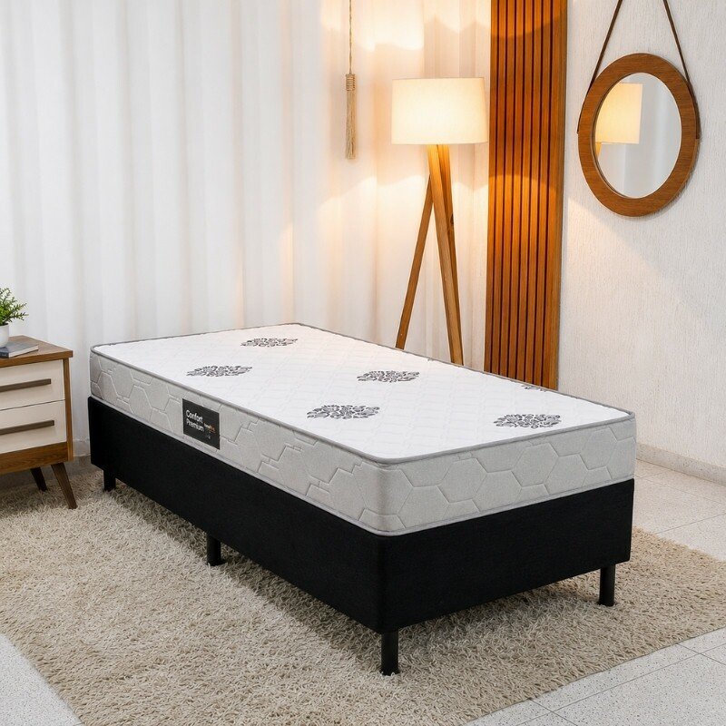 Colchão Solteiro Confort Premium Ortopédico Inovaflex + Box Solteiro Sued Preto Ortobel - 88x188x55 | Suporta até 120kg