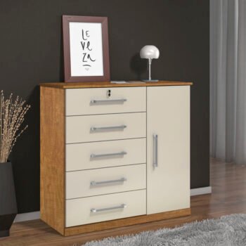 Cômoda Vane 012 Cinamomo/Off 5 Gavetas 1 Porta Larg. 0.92m - JL Móveis