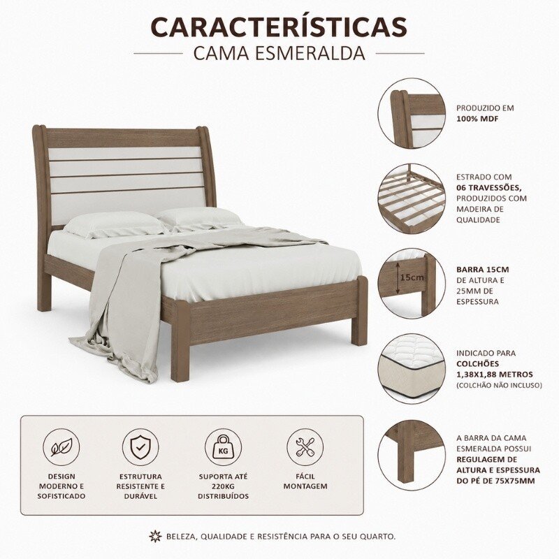 Cama Casal Esmeralda Plus Castanho/Off D Doro - Imagem 4