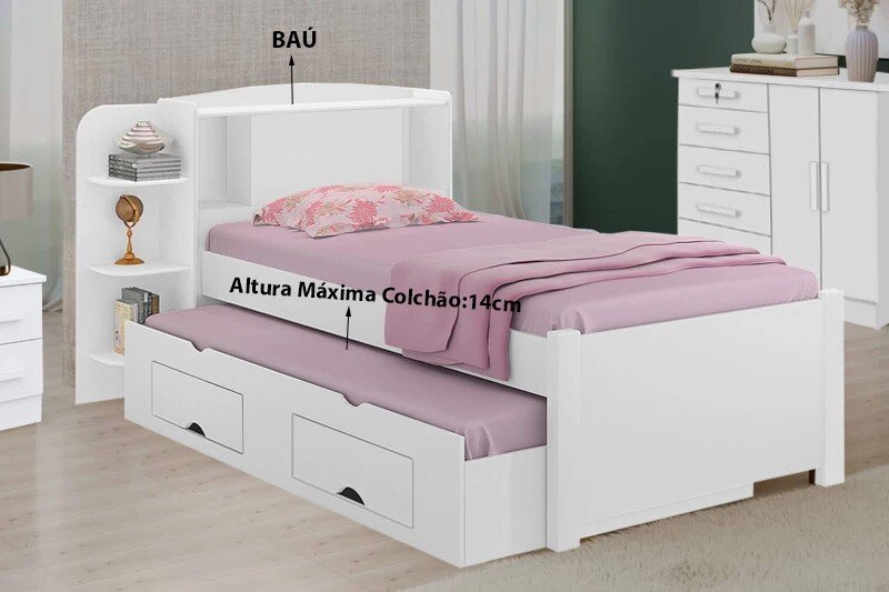Roupeiro Merídian Branco 2 Portas + Cômoda Firenze Branco + Cama Solteiro Milênio Branca + Cama Auxiliar 2 Gavetas Branca - D Doro - Imagem 7