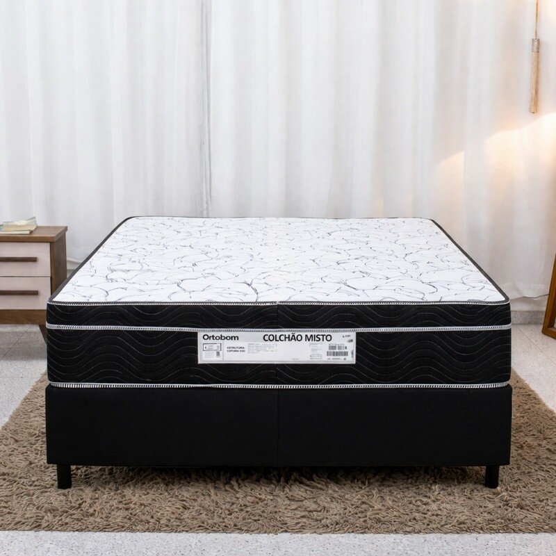 Colchão Casal Airtech 150 Ortopillow Ortopédico D45 Ortobom + Box Casal Sued Preto - Ortobel - 138x188x65 | Suporta até 200kg - Imagem 2