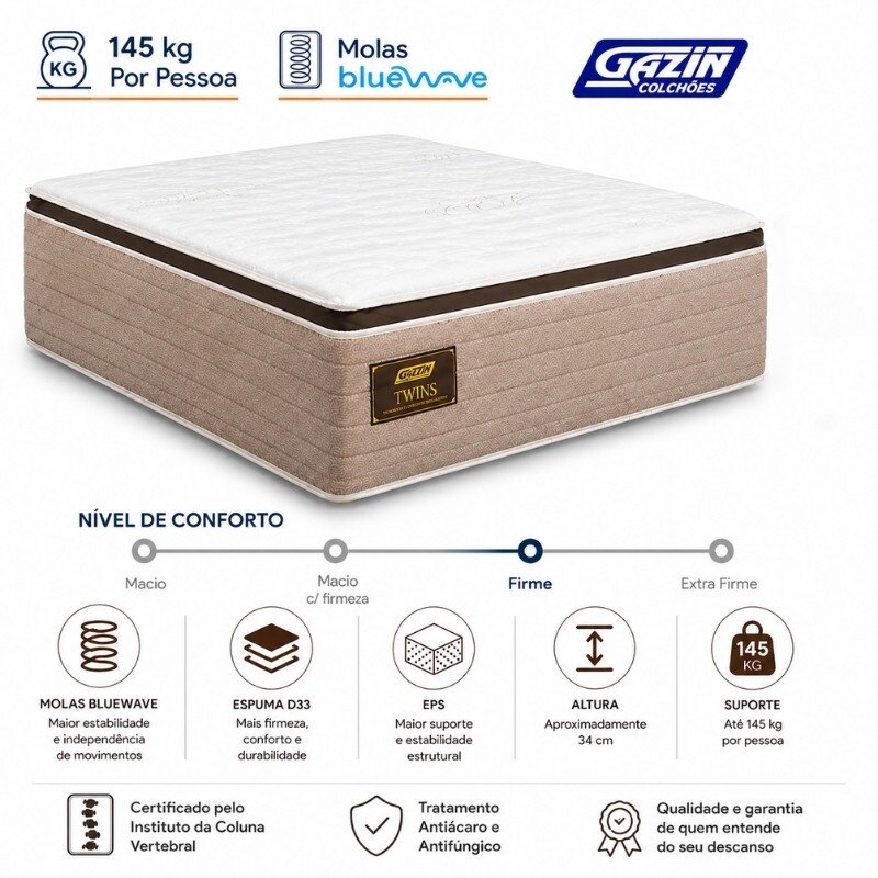 Colchão Queen Twins Molas BlueWave + Base Box Queen Bipartido Universal Marrom Bordado Gazin - 158x198x74 | Suporta até 290kg - Imagem 13