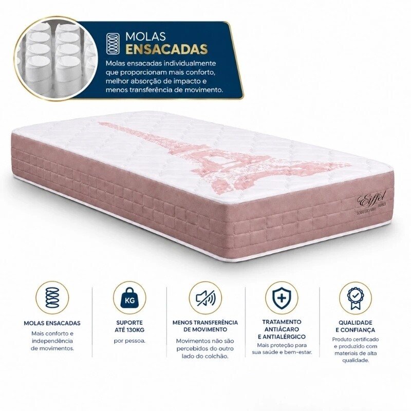 Colchão Solt. Eiffel Molas Ensacadas Rosa - Anjos + Box Solt. Korino Branca - 88x188x63 | Suporta até 130kg - Imagem 12