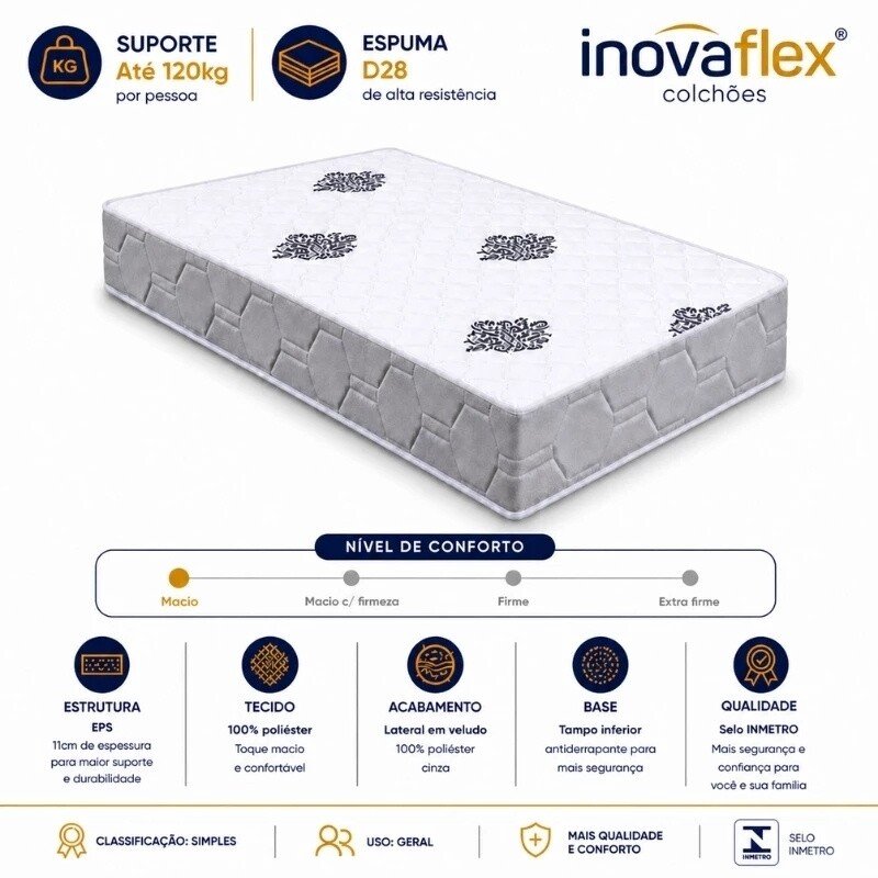 Colchão Solteiro Confort Premium Ortopédico D28 - Inovaflex + Box Solt. Korino Preto - 88x188x55 | Suporta até 120kg - Imagem 9