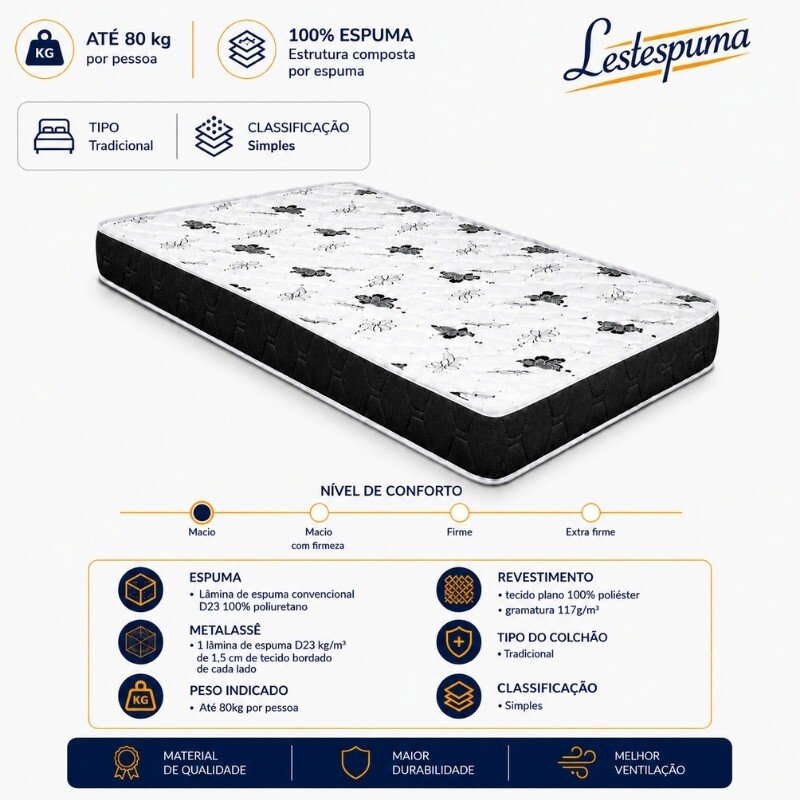 Colchão Solteiro D23 100% Espuma - Lestespuma + Box Solt. Korino Preto - 88x188x51 | Suporta até 80kg - Imagem 9