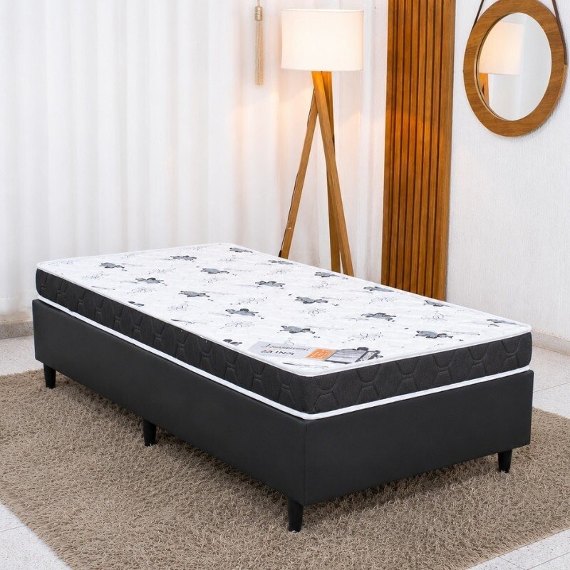 Colchão Solteiro D23 100% Espuma - Lestespuma + Box Solt. Korino Preto - 88x188x51 | Suporta até 80kg