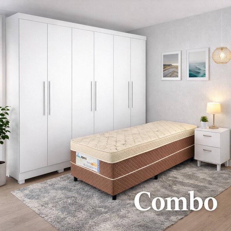 Combo - Roupeiro Sergipe Branco 6 Pts C/ Pés 100% MDF Larg. 1.80m - Bianchi + Unibox Solteiro Rondoconfort Ortopédico D33 Selada - Rondomóveis