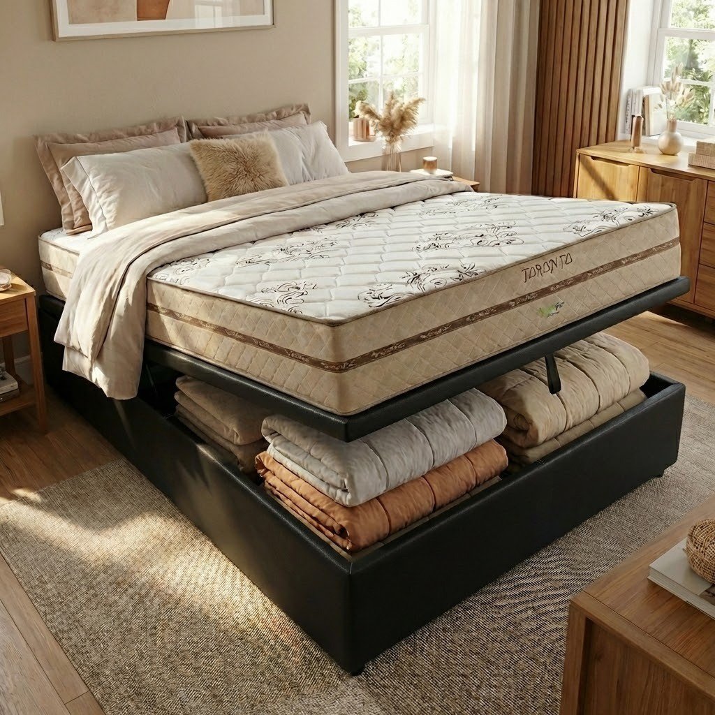 Colchão Casal Toronto 30 cm D28 Molas Ensacadas + Base Baú Corino Preto – ECOTEC + ALTO NÍVEL