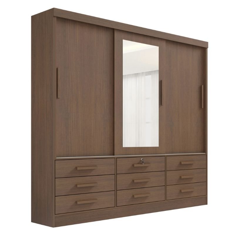 Guarda-roupa Casal Meridian Gold Castanho 3 Portas 9 Gavetas C/ 1 Espelho Larg. 2.00m - D Doro - Imagem 3