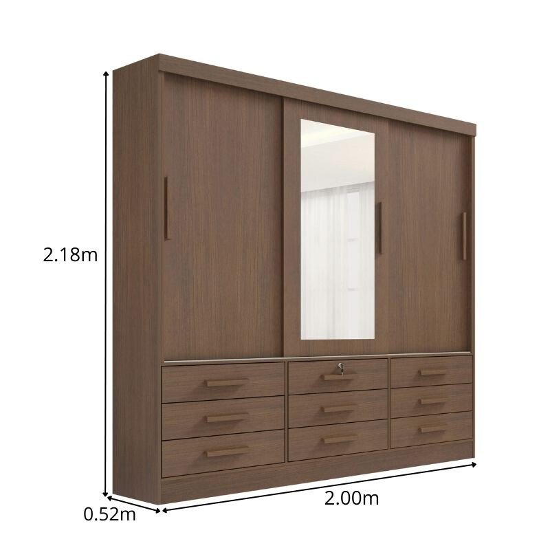 Guarda-roupa Casal Meridian Gold Castanho 3 Portas 9 Gavetas C/ 1 Espelho Larg. 2.00m - D Doro - Imagem 4