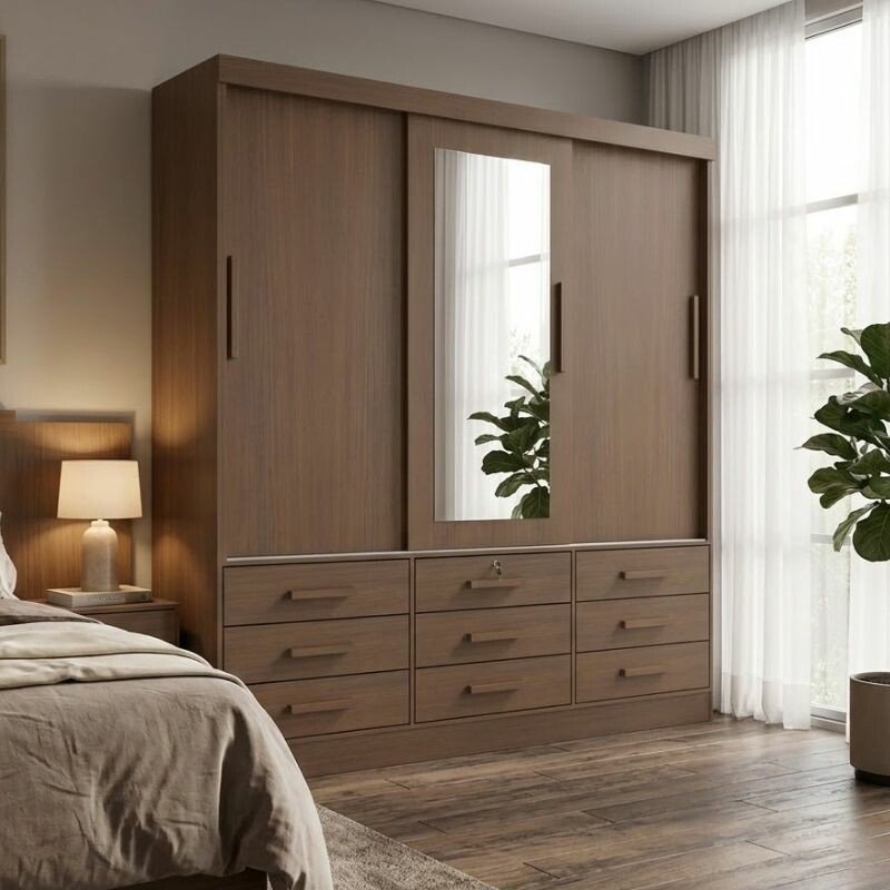 Guarda-roupa Casal Meridian Gold Castanho 3 Portas 9 Gavetas C/ 1 Espelho Larg. 2.00m - D Doro