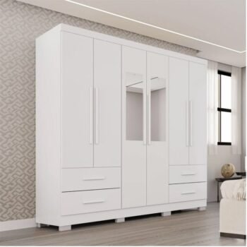 Guarda-roupa Texas Premium Branco C/Espelho e Pés 6 Portas 4 gavetas Larg. 1.80m - Sallêto