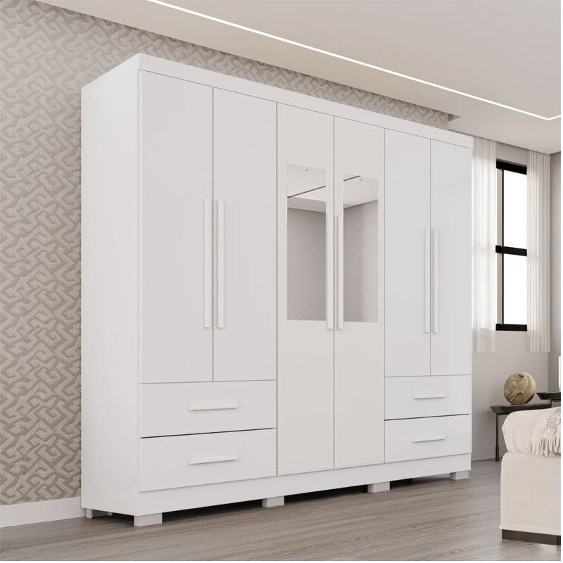 Guarda-roupa Texas Premium Branco C/Espelho e Pés 6 Portas 4 gavetas Larg. 1.80m - Sallêto