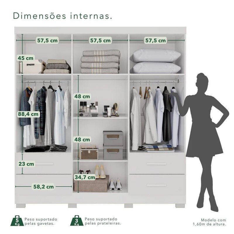 Guarda-roupa Texas Premium Branco C/Espelho e Pés 6 Portas 4 gavetas Larg. 1.80m - Sallêto - Imagem 4