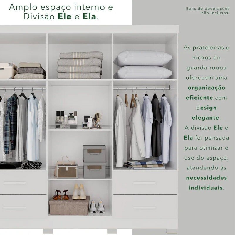 Guarda-roupa Texas Premium Branco C/Espelho e Pés 6 Portas 4 gavetas Larg. 1.80m - Sallêto - Imagem 5