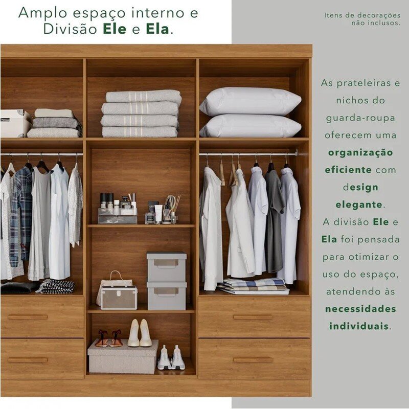 Guarda-roupa Texas Premium Cinamomo C/Espelho e Pés 6 Portas 4 gavetas Larg. 1.80m - Sallêto - Imagem 3
