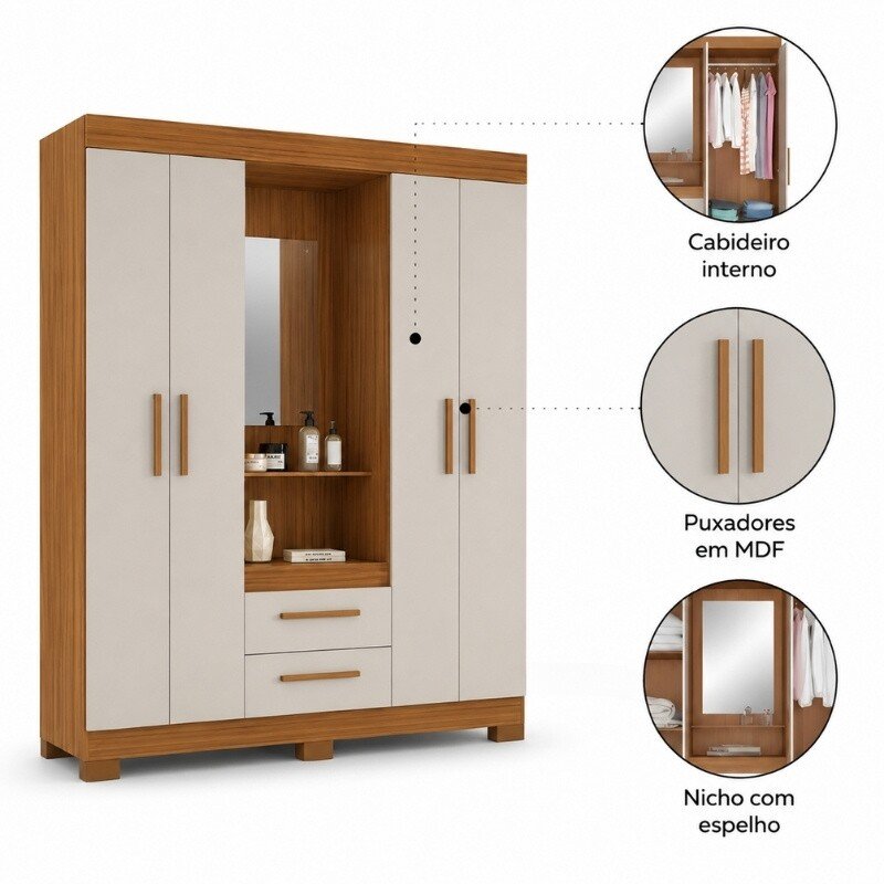 Guarda-Roupa NT 6055 4 portas 2 Gavetas Freijó/Off C/Pés Larg. 1.38m - Notável - Imagem 5